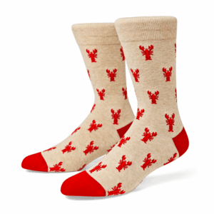 Beige Lobster Pattern Crew Socks with Red Toe & Heel, view 1
