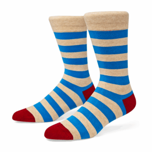 Blue & Beige Striped Crew Socks with Red Toe & Heel, view 1