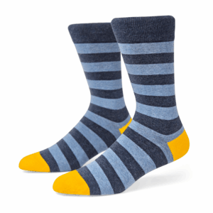 Blue Grey Striped Crew Socks with Yellow Toe & Heel, view 1