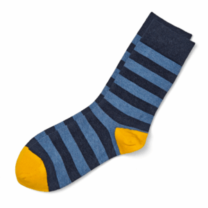 Blue Grey Striped Crew Socks with Yellow Toe & Heel, view 2