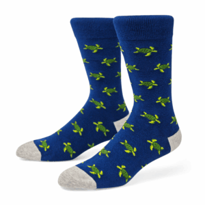 Blue Turtle Pattern Crew Socks with Grey Toe & Heel, view 1