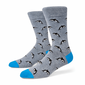 Light Grey Dolphin Pattern Crew Socks with Blue Toe & Heel, view 1
