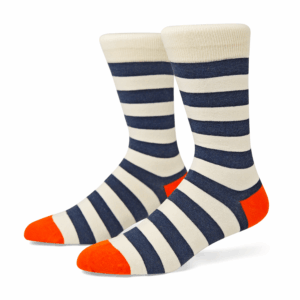 Navy & Cream Striped Crew Socks with Orange Toe & Heel, view 1