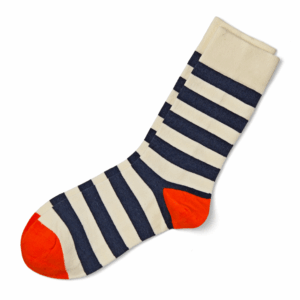 Navy & Cream Striped Crew Socks with Orange Toe & Heel, view 2