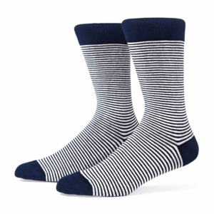Navy & White Striped Crew Socks with Navy Toe & Heel, view 1