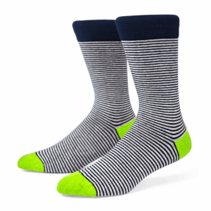 Navy & White Striped Crew Socks with Neon Green Toe & Heel, view 1